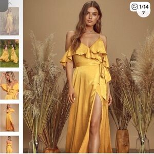 Lulu’s Moriah Mustard Yellow Satin wrap maxi dress